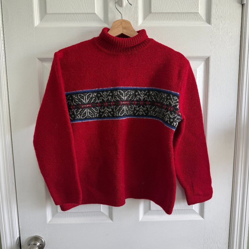 Timberland Mens Size Large Red Vintage Pure Wool Fair Isle Turtleneck Sweater